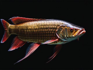 Wall Mural - golden red Asian Arowana fish on a black background.