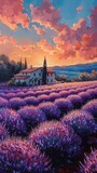 Fototapeta Natura - Endless rows of paper-cut lavender fields under a soft, pastel sky, with a distant farmhouse. 