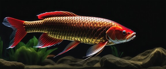 Wall Mural - golden red Asian Arowana fish on a black background.