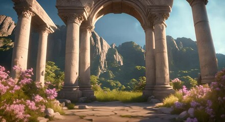 Wall Mural - Ancient arch and pillars lush flowers portal to another world magical ancient runes alien planet stone arcs 4k animation