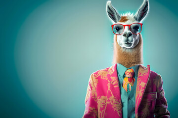 Wall Mural - Cool looking llama or alpaca wearing funky fashion dress - jacket, tie, glasses. Wide banner with space for text at side. Stylish animal posing as supermodel. 