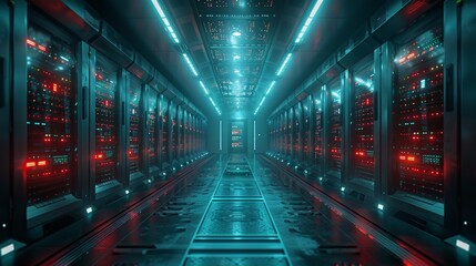 Wall Mural - Futuristic Data Center with Glowing Lights - Generative AI