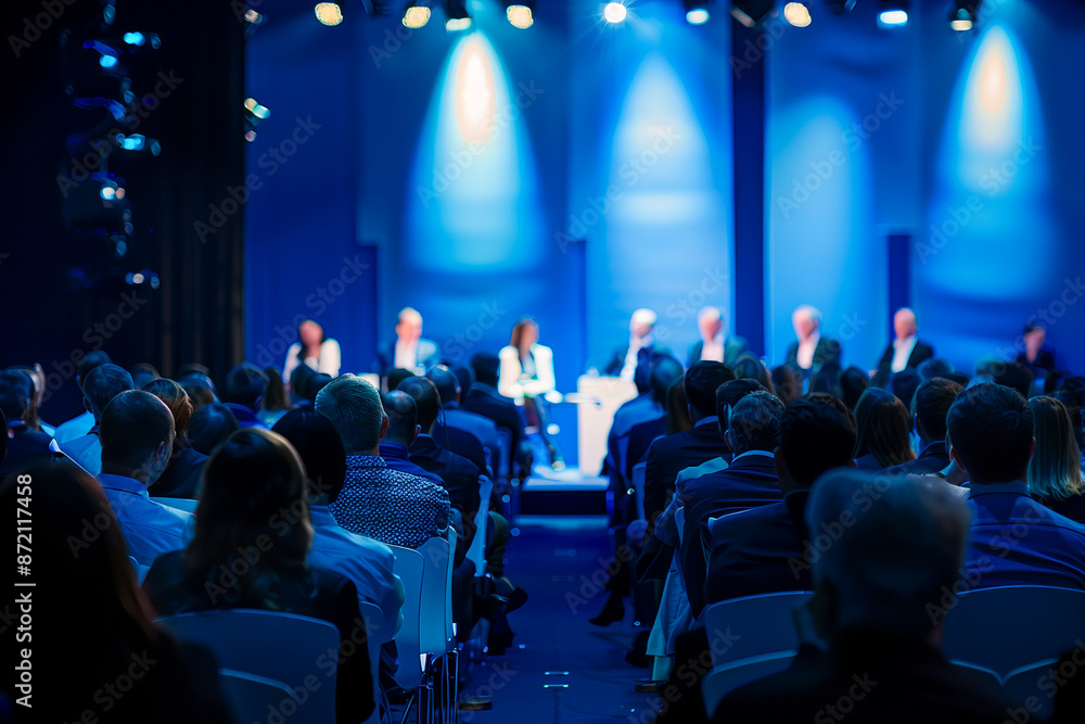 Stylish business event, panel discussion on stage with audience in ...