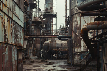 A desolate industrial area with rusted pipes and a large tower