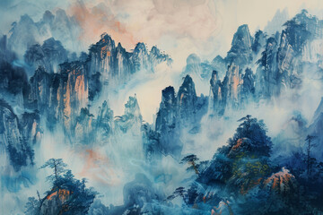 Wall Mural - A painting of mountains with a misty blue sky