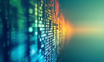 vertical columns of multicolored binary code, symbolizing data and digital technology