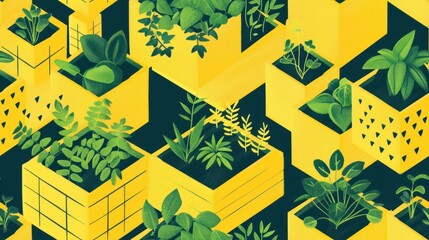 Wall Mural - Urban Garden with Green Plants in Yellow Cubes