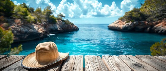 A straw hat resting on a wooden deck with a panoramic view of a secluded cove and deep blue sea under a sunny sky