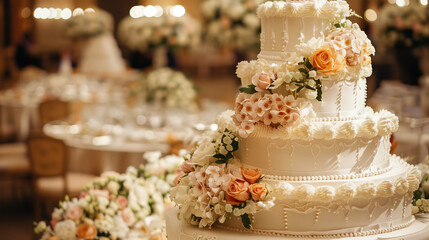 white wedding cake with flowers