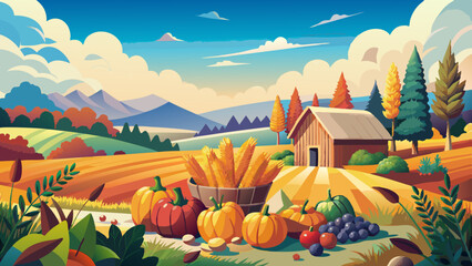 Wall Mural - Autumn Harvest Scene with Rustic Barn and Seasonal Produce