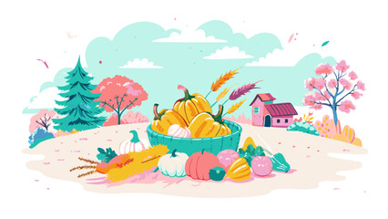 Wall Mural - Idyllic Autumn Harvest Scene with Pumpkins and Countryside Landscape