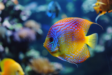 A colorful fish is swimming in a tank with other fish