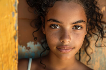 Wall Mural - A young woman with brown hair and brown eyes is smiling at the camera