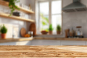 Aufkleber - Empty wooden table top offering space for products with blurred kitchen interior in background