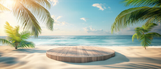 Wall Mural - Tropical beach with a wooden platform under palm trees. Copy space. Generative AI	