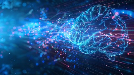 Poster - AI digital brain with flowing data streams on a high-tech background, blue tones