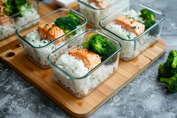 Wall Mural - Asian dish. Fried salmon with rice and vegetables. Sprinkled with sesame seeds. Front view. Natural background.