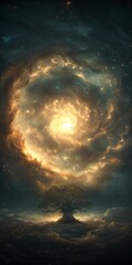 Wall Mural - majestic tree rises from clouds in a starry sky with a golden nebula; magical atmosphere with spiral