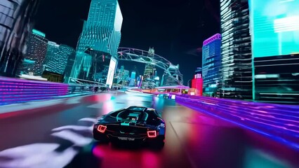 Wall Mural - Street racing in the night city with neon lights and cyberpunk style