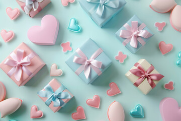 Wall Mural - A collection of pink and blue boxes with pink bows