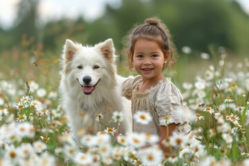 Wall Mural - Child and Dog in Flower Field