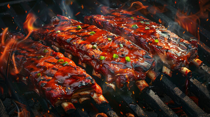 Three ribs are being cooked on a grill, with a sauce dripping down the sides