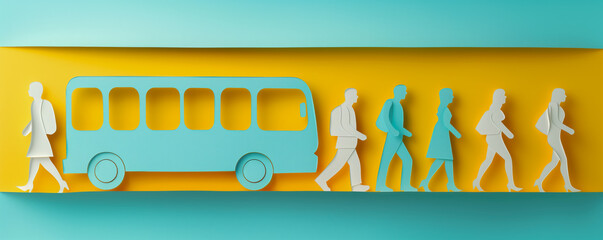 Abstract illustration of bus with passengers cutting from paper. Tourism and public transport concept.