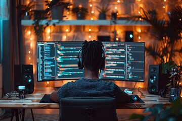 Man Coding On Computer In Home Office At Night