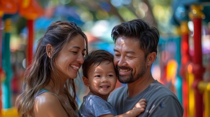 Wall Mural - A family of three, a man and a woman and a child, are smiling