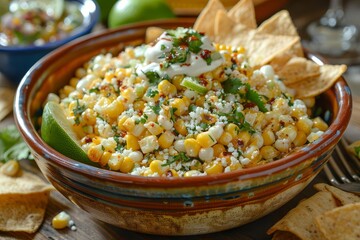 Mexican corn appetizer Elote   Roasted street corn salad or dip with  ilantro, lime, cheese, mayonnaise and chili served with chips , add copyspace for text