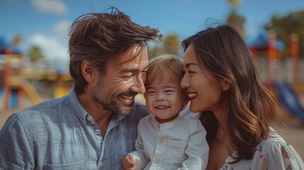 Wall Mural - A family of three, a man, a woman and a child, are smiling