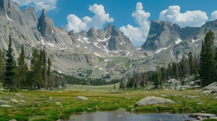 Wall Mural - Mountain Range with Meadow and Stream