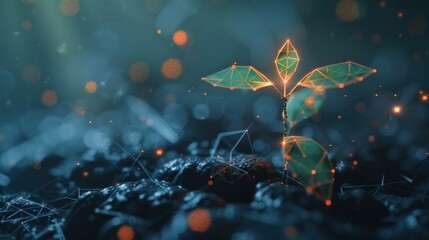 Wall Mural - futuristic seedling growth with glowing polygonal light. generative ai image
