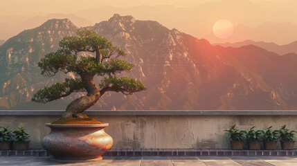 Wall Mural - A small bonsai tree sits on a wooden stand in front of a window