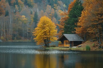 Poster - Cabin by Autumn Lake