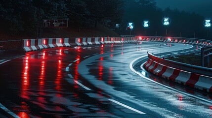 Wall Mural - A curved, empty highway captured at night after rain, with glowing red and white lights from the road barriers and signs illuminating the slick, wet surface. 