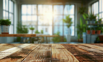 Wall Mural - Empty wooden tabletop with blurred bright office background, perfect for product display