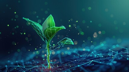 Wall Mural - futuristic seedling growth with glowing polygonal light. generative ai image