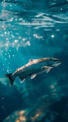 Wall Mural - A salmon swimming in the water with sunlight.