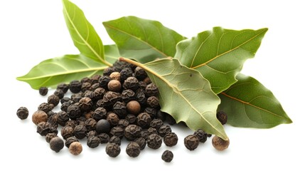 Black pepper and bay leaves on white background