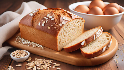 Sticker - A loaf of bread on a wooden board with sliced pieces, seeds, and eggs in a bowl