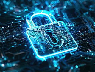 Poster - A glowing blue lock symbol on a digital circuit board, representing cybersecurity, data protection, and encryption technology.