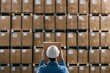 © PrusarooYakk - Warehouse worker with a hard hat organizing brown cardboard boxes for inventory. Industrial storage and logistics management concept.
