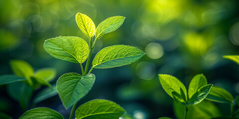 Poster - Sunlit Green Leaves in Natural Forest Setting with Bokeh Background   Nature