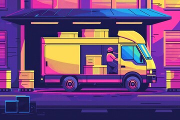 Vibrant colorful illustration of a delivery truck and worker at a warehouse loading dock at night.