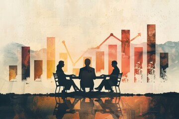 Poster - Silhouetted business team discussing data with abstract financial graphs in the background, symbolizing strategy and analytics.
