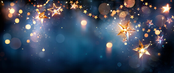 Wall Mural - christmas star stringh lights in eve night with abstract defocused bokeh - real acrylic