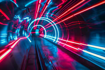 Poster - Futuristic Neon Tunnel with Vibrant Red and Blue Light Streaks