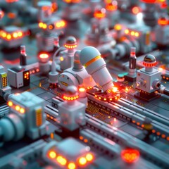 Poster - Futuristic scene with miniature robots working in an automated factory, glowing lights, detailed technology, and precise robotic movements.