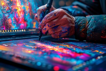 Wall Mural - Artist's Hands Covered in Paint Create Digital Art on Tablet